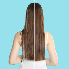 Hair combing, straightening. Woman showing hairstyle before and after different procedures on light...