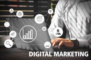 Digital marketing. Businessman using laptop at table, closeup. Scheme with icons on virtual screen