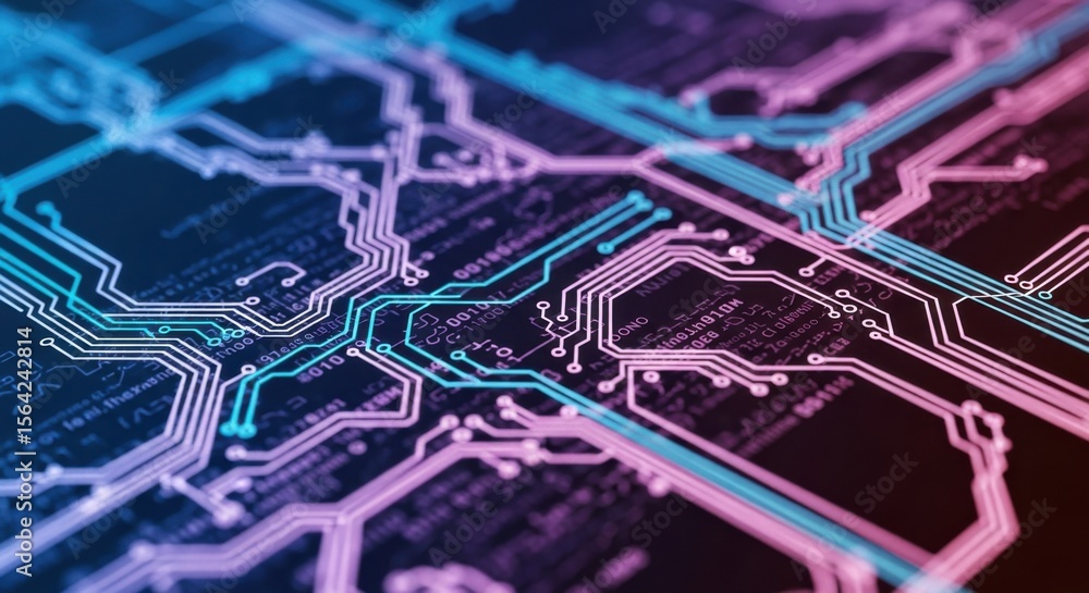 Poster futuristic abstract background of glowing circuit board lines and digital data flow