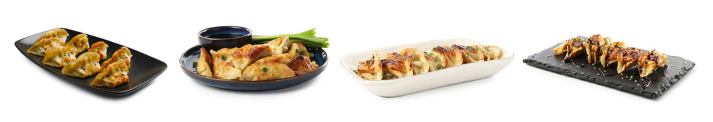 Tasty fried gyoza (dumplings) on white background, collage