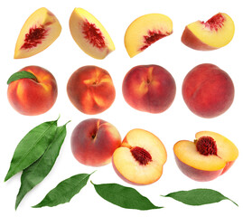 Ripe juicy peaches and green leaves on white background, collage