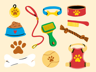Hand Drawn Pet Accessories and Care. A playful set of 12 hand drawn pet themed elements including tags leashes collars brushes toys food bowls. Perfect for animal care kits and pet supply visuals