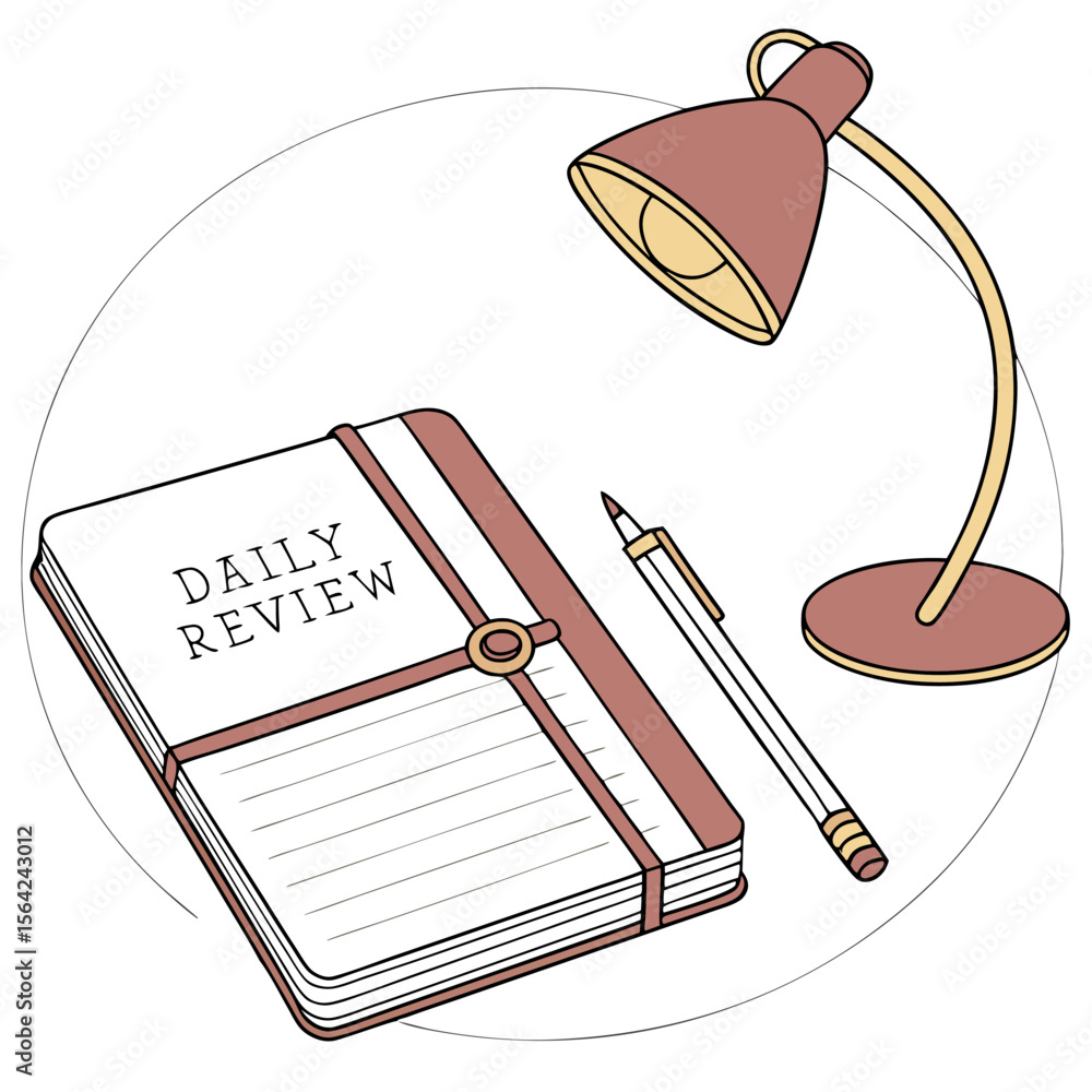 Poster a daily review notebook with a pen and a desk lamp on a white surface in a circular composition