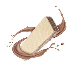 Tasty wafer and chocolate milk splash in air against white background