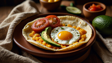 Delicious Mexican Breakfast Fried Egg, Avocado, and Tomato on a Corn Tortilla