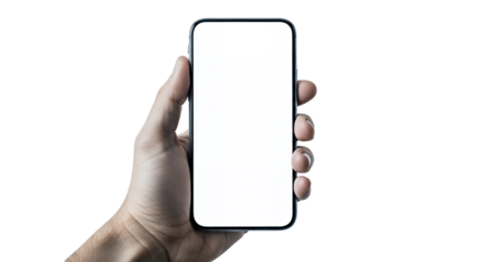 A hand holds a modern smartphone vertically, displaying a blank white screen perfect for mockup use
