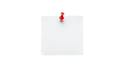 A white square sticky note is pinned with a red push pin. The concept of this reminder is simple and clean against a white background, suitable for adding important memos or notifications