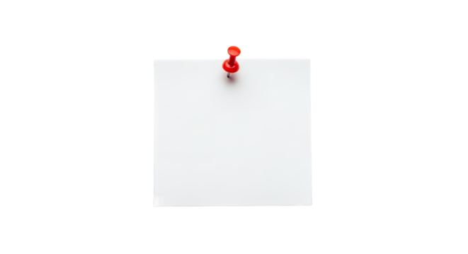 A white square sticky note is pinned with a red push pin. The concept of this reminder is simple and clean against a white background, suitable for adding important memos or notifications