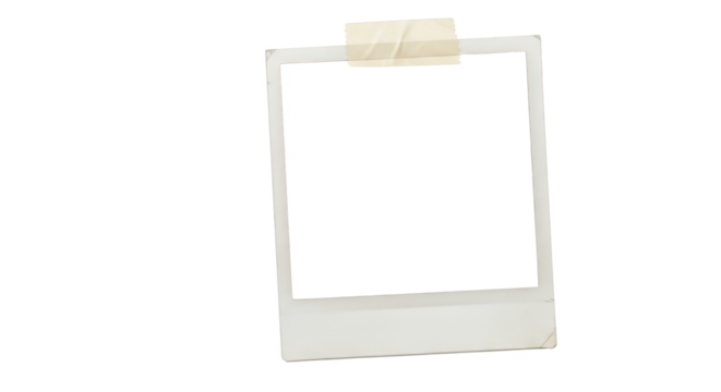 Empty polaroid photo frame, fixed with masking tape, isolated on a white background. This blank template is perfect for memories, adding text, or creating a scrapbook element