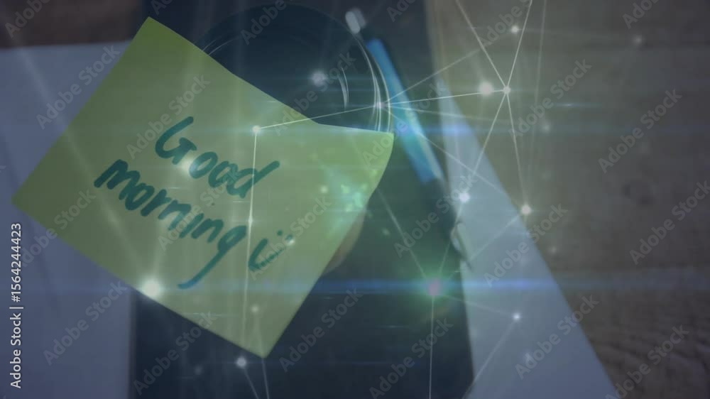 Poster after static cup with yellow note, digital network fading in, pulsing nodes, visualizing data flow