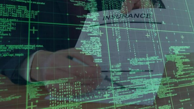 Green code grid revealing suited hands signing insurance document for policy approval