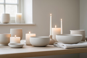 Minimalistic arrangement of gray ceramic bowls and candles on a wooden table against a soft gray background. Concept of serene home decor, creating a calming and inviting atmosphere for modern living.