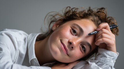 Fototapeta premium Playful girl in a white shirt enjoys a moment of contemplation with a pen resting on her forehead against a warm grey backdrop