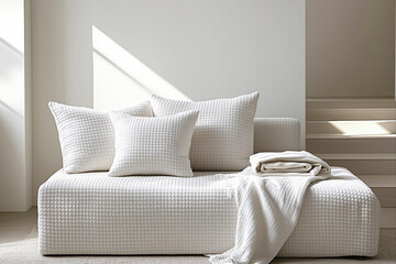 Minimalist guest bed setup with neutral textured cushions and folded blanket in sunlit interior. Concept of guest night essentials and soft hosting spaces with practical multifunctional furniture
