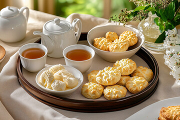 Round tray with cookies and tea cups on a linen-covered table in bright morning light. Concept of hospitality, hosting with simple seasonal treats and inviting warmth atmosphere for social gatherings