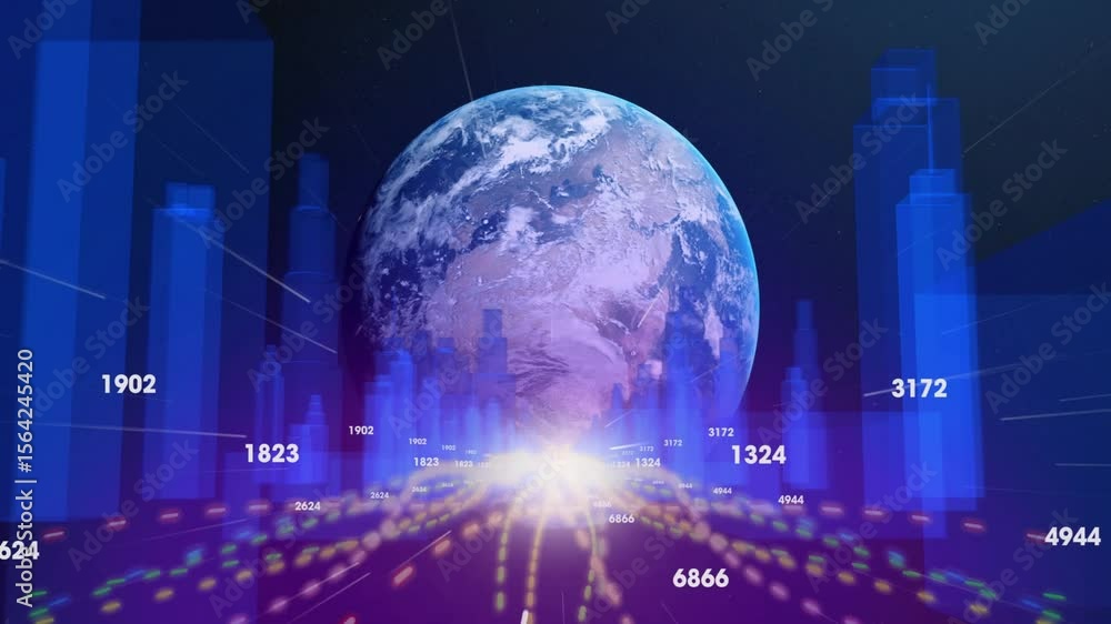 Poster horizon initiating rising rotating globe while bars rising and labels updating showing data streams