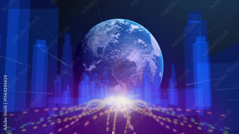 Poster starry backdrop starting yellow lights streaming inward grid globe rising rotating visualizing data