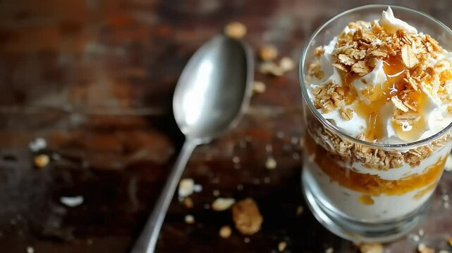 Honey-granola parfait in a glass bowl
