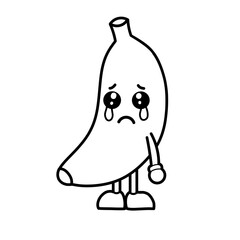 Banana cartoon character sketch with sad crying expression, banana icon, banana logo, great as sticker or emot.