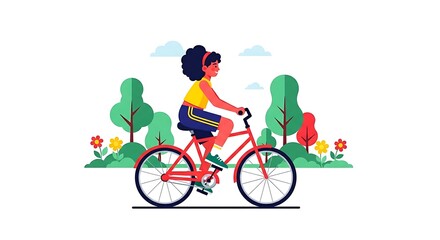 Obraz premium A woman riding a red bicycle in a park with trees and flowers on a sunny day enjoying the fresh air