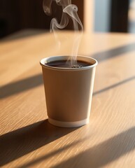 Minimalist paper cup filled with hot coffee placed on a wooden table, with steam rising in warm morning sunlight casting long shadows, creating a calm and cozy atmosphere

