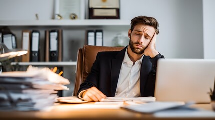 Fototapeta premium A tired businessman in a suit is seen resting his head on his hand at his desk, with a laptop in front of him and piles of documents to his left.