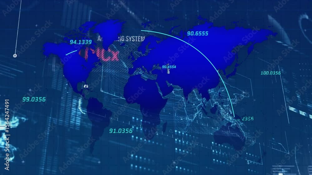 Aufkleber upon startup digital world map graphic forming arcs connecting regions for real-time data analysis