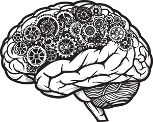  A Complex Monochrome Illustration of the Human Brain Intertwined with an Intricate System of Interlocking Gears and Cogs