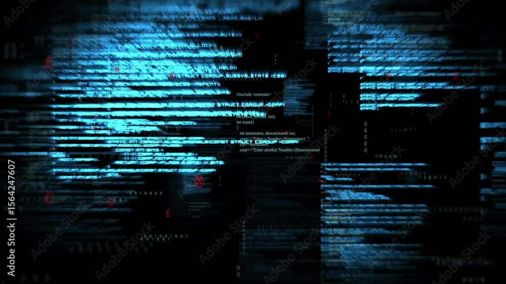 Poster flickering blue code bars appearing on black background initiating glitching sequences in data flow