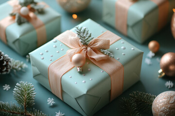 Christmas presents with bows and ornaments.