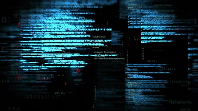 Flickering blue code bars appearing on black background initiating glitching sequences in data flow