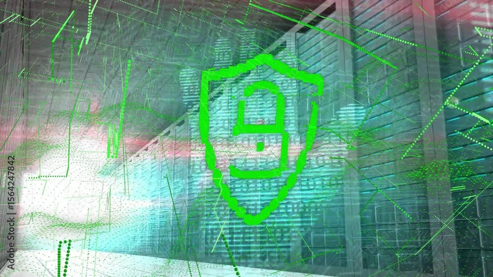Poster when binary hand projecting onto rack doors, neon shield fading then counting digits unlocking data