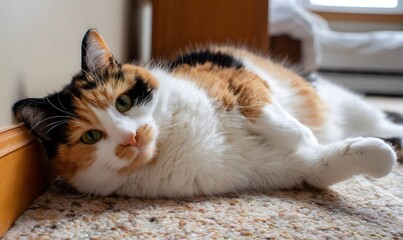 a photo of an obese calico cat lounging on the carpet in her bedroom, Generative AI