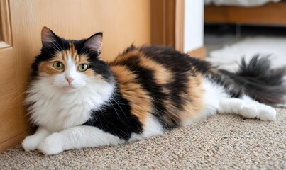 a photo of an obese calico cat lounging on the carpet in her bedroom, Generative AI