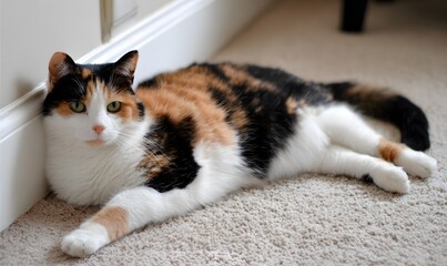 a photo of an obese calico cat lounging on the carpet in her bedroom, Generative AI