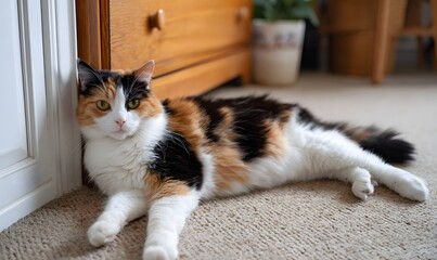 a photo of an obese calico cat lounging on the carpet in her bedroom, Generative AI