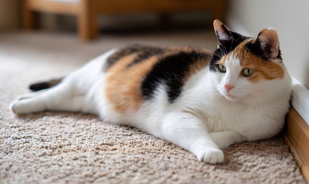 a photo of an obese calico cat lounging on the carpet in her bedroom, Generative AI - Powered by Adobe