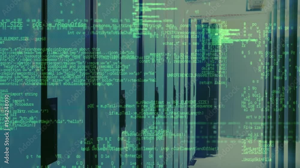 Poster green code drifting into server racks and morphing into digital rain while showing data flow