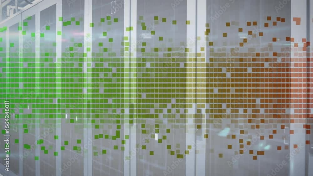 Poster green squares emerging drifting right shifting hue over racks with lens flares showing data flow
