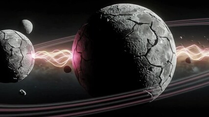 Cracked rocky planets in deep space connected by a glowing beam of pink and yellow energy - Powered by Adobe