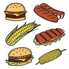 Delicious burger hot dog corn on cob food illustration