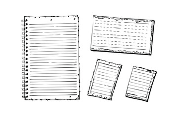 Ruled Notebook Paper Vector Engraving Set. Detailed Monochrome Vintage Stationery Illustrations. Stipple & Hatching Texture Icons & Symbols