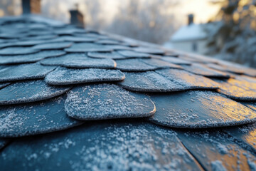 Snow-covered roof glistening in sunlight.
