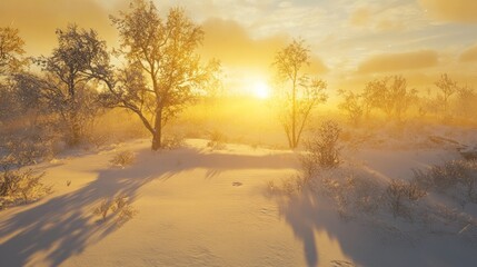 Golden winter landscape with snow-covered trees