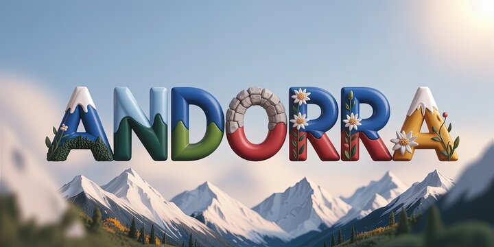 Andorra 3D Text Illustration with Scenic Snow-Capped Pyrenees Mountains and National Symbols for Travel and Tourism Design