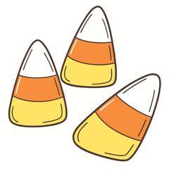 Three candy corn pieces white background halloween
