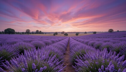 Obraz premium Scenic lavender field in full bloom under a vibrant purple sky