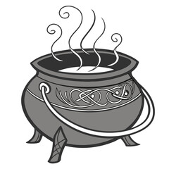 Steaming grey cauldron with celtic knot design cooking