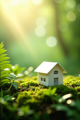 Miniature white house on a lush moss-covered landscape surrounded by ferns with radiant morning sunlight, symbolizing eco-living, sustainability, home investment, and green property concepts