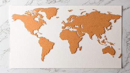  cork world map mounted on a white textured background, highlighting all continents in a minimalist and modern style.